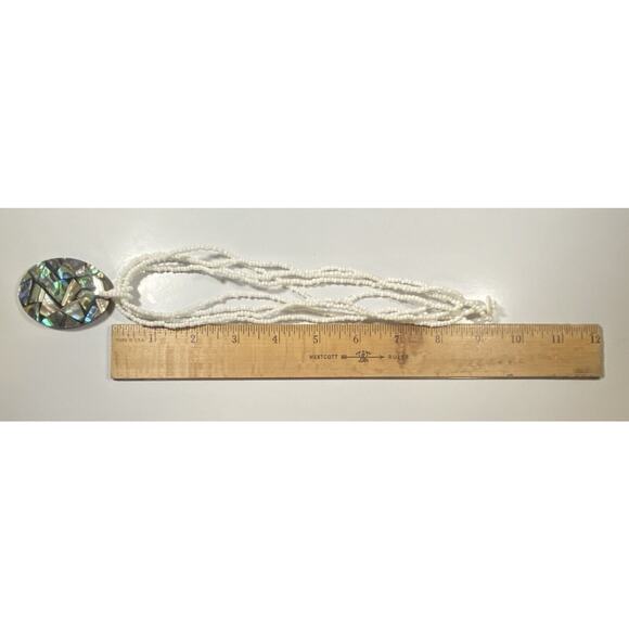 4 Strand White Seed Bead Necklace w Large Oval Abalone Pendant Beach Mermaid - Picture 4 of 9